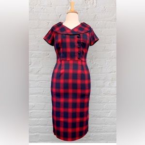 NWT Voodoo Vixen Joan Red Navy Plaid Wiggle Dress Pin Up Rockabilly Kick Pleat